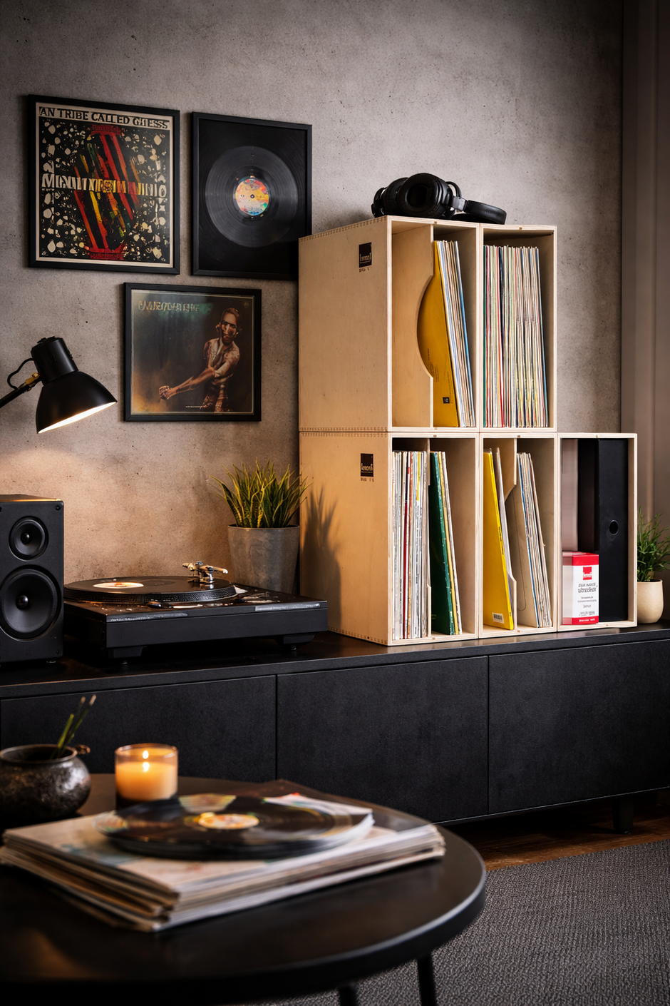 Knosti Archifix Box Woodline aus Holz zur Aufbewahrung von Schallplatten - 5 Boxen zusammengestellt als Regal in einem Interieur