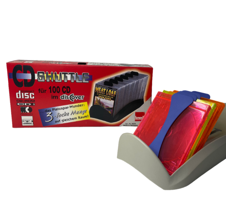 CD-Shuttle für 100 CDs  grau mit CDs und Verpackung _Medienaufbewarung