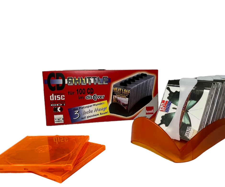 CD-Shuttle für 100 CDs orange mit CDs und Verpackung _Medienaufbewarung
