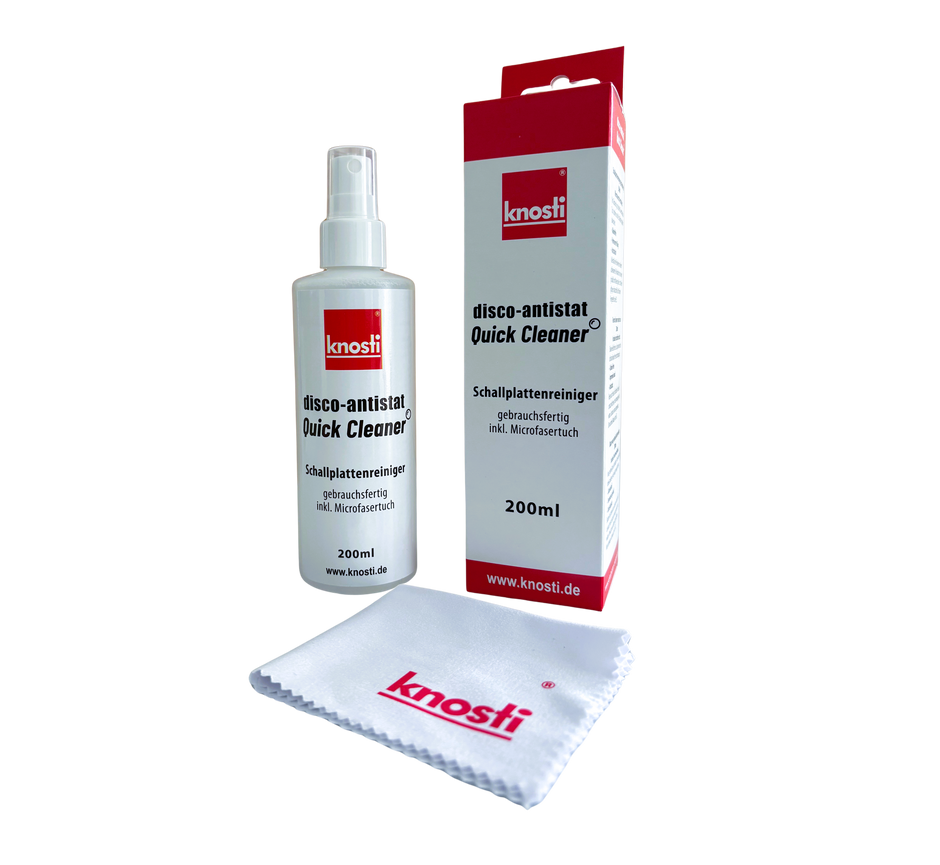 Disco-Antistat Quick Cleaner Spray für die schnelle Schallplattenreinigung mit Verpackung und Microfasertuch-weiß-rot