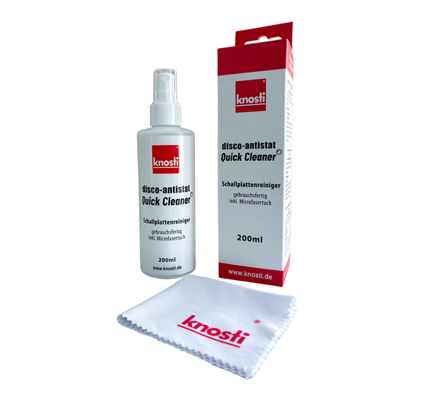 Disco-Antistat Quick Cleaner Spray für die schnelle Schallplattenreinigung mit Verpackung und Microfasertuch-weiß-rot