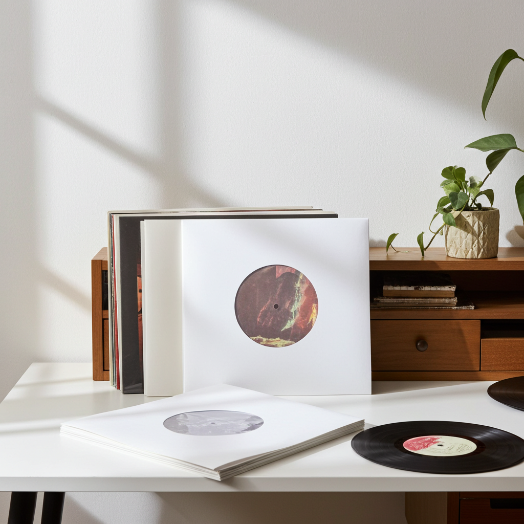 LP-Innenhüllen im Einsatz_Schallplatten in LP-Inennhüllen auf dem Tisch