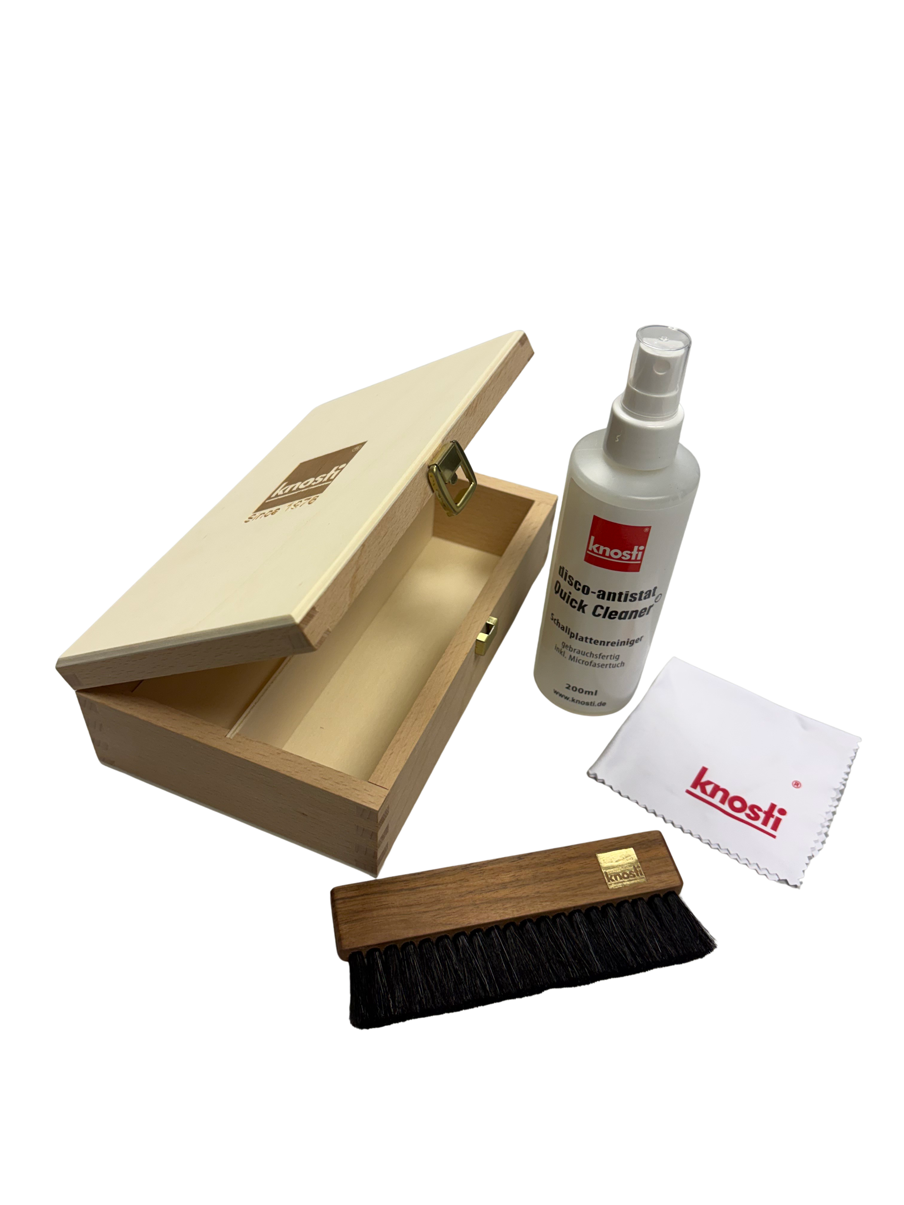 Vinyl Care Box aus Holz, geöffnet, die Bürste und Spay sind draussen-Vinylpflege